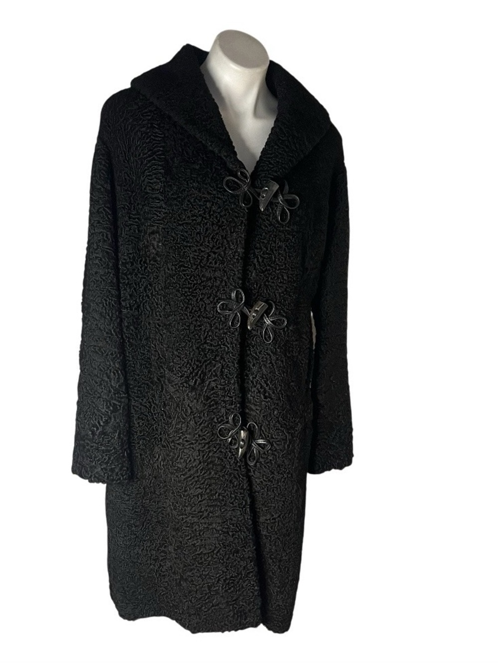 WM. H. HARRIS Providence Persian Lamb Fur Coat Black Toggle Closure L/XL Vintage